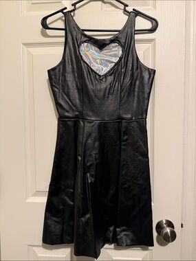 Black Faux-Leather Mini Dress with Holographic Heart